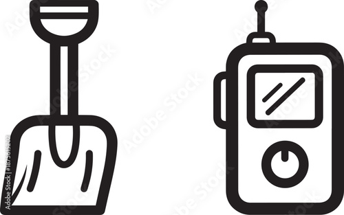 Winter Emergency and Rescue Equipment Icons Featuring a Snow Shovel and a Handheld Radio Transceiver for Outdoor Safety and Communication in Cold Weather Environments.