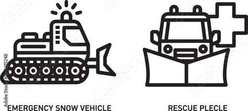Emergency Snow Removal and Rescue Vehicle Icons Featuring a Tracked Bulldozer and a Medical Transport Vehicle with Snowplow Attachment for Winter Crisis Response.