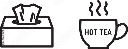 Cold and Flu Treatment Icons Set Featuring a Box of Tissues and a Cup of Hot Tea with Steam for Sickness Recovery and Seasonal Illness Healthcare Relief.