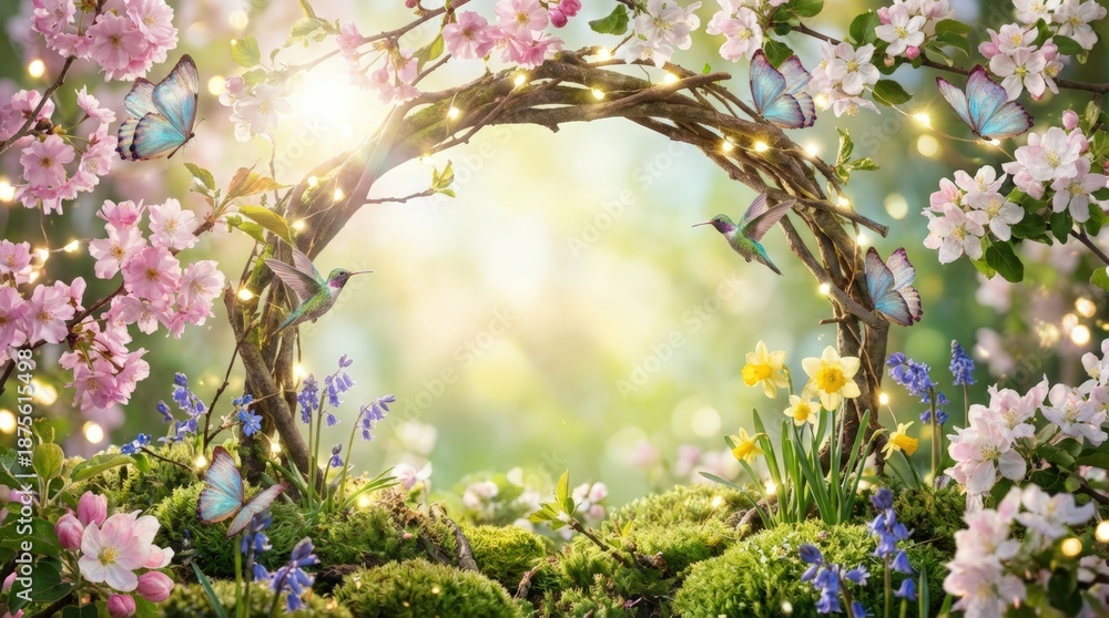 Fototapeta premium Surreal spring bloom enchanted garden nature scene whimsical environment close-up view dreamy concept