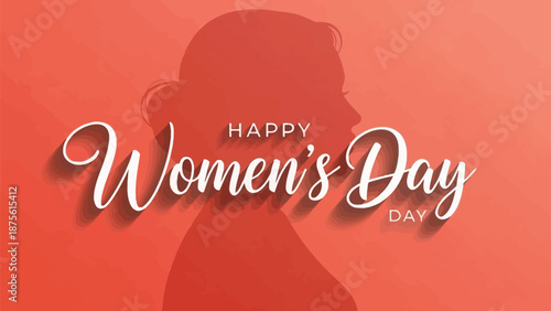 Happy women's day illustration with silhouette of woman's profile on red background with elegant white typography