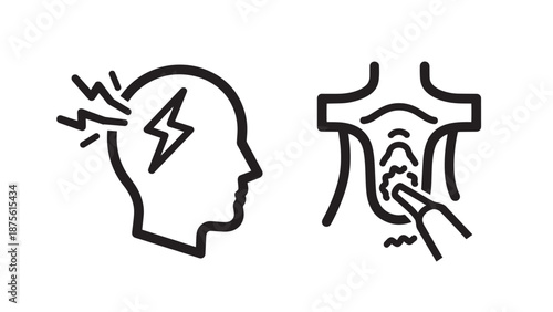 Medical icons for headache, migrepsne, stomach pepsn, and gastritis symptoms in minimalist line art style