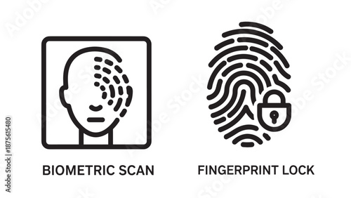 Biometric security icons featuring facial recognition scan and fingerprint identification lock for data protection