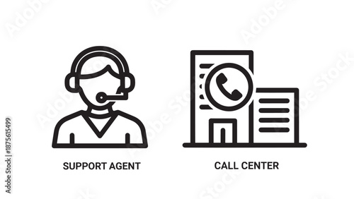 Customer service icons depicting a support agent with headset and a call center building for business communication