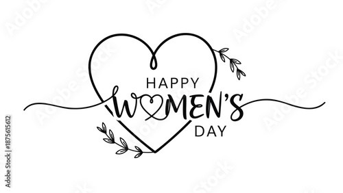 Hand drawn heart with happy women's day text and decorative leaves on white background