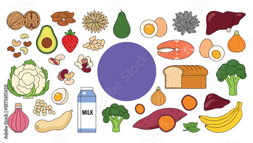 Large collection of healthy food items like fruits, vegetables, nuts, and proteins arranged around a blank purple circle.