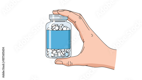Person hand holding a blue labeled medicine bottle filled with several white round pills for medical treatment.