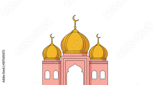 Islamic mosque dome architecture with crescent symbols, minimal flat vector illustration for religious and cultural design