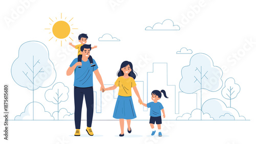 Happy young family with two children enjoying a sunny day walk together in a beautiful city park with trees.