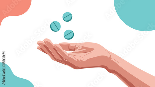 Close up illustration of a human hand catching three teal colored pills falling from above against a white background.