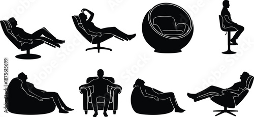 Black silhouettes of people relaxing in different chairs including recliners, bean bags, ball chairs, bar stools, and comfortable armchairs set.