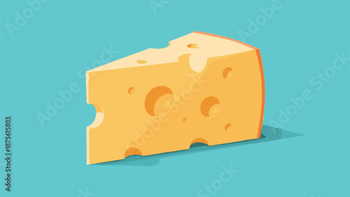 Large piece of yellow swiss cheese with big holes isolated on a teal blue background for dairy product advertisement and food themes.
