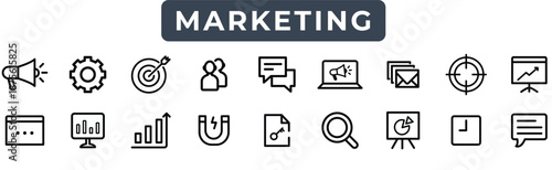 Marketing Icons Set Featuring Digital Marketing, Advertising, Branding, SEO, Social Media, Email Campaigns, Analytics, Content Creation, Growth Strategy, and Business Promotion Elements