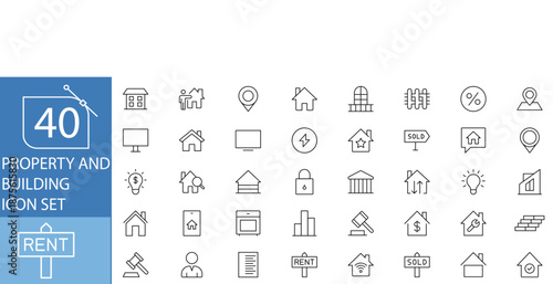 40 Property and Building Icons Set Featuring Residential and Commercial Real Estate, Houses, Apartments, Offices, Skyscrapers, Construction, Architecture, Rental, and Property Management Elements.