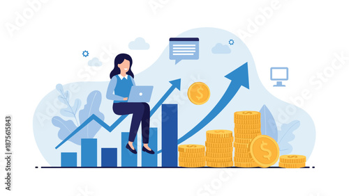 Successful businesswoman sitting on a rising blue bar chart using a laptop next to stacks of gold dollar coins for financial success.