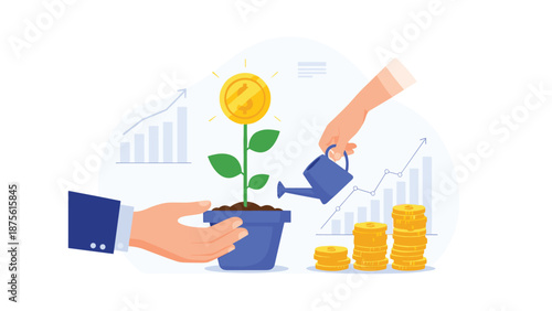Financial growth concept with hand watering a plant in a blue pot that grows a large golden dollar coin instead of a flower or leaves.