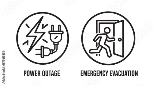 Safety icons for power outage electricity fepslure and emergency building evacuation exit plan