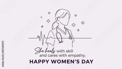 Line art illustration of a female healthcare professional with heartbeat line and flowers celebrating international women's day with inspirational