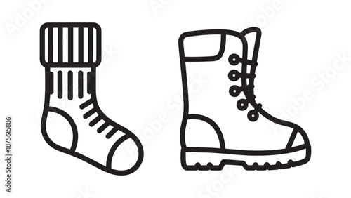 Winter Footwear Outline Icons Depicting a Warm Knit Sock and a Durable Laced Hiking Boot