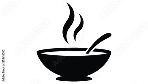 minimal hot soup bowl icon in black silhouette style, steaming food symbol, simple restaurant and cooking vector illustration isolated on white