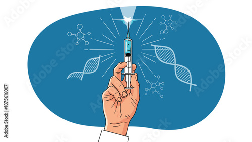 Medical science concept with a hand holding a syringe filled with liquid vaccine over a blue background with DNA and chemical symbols.