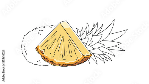 Ripe yellow pineapple slice positioned in front of a white outline of a whole fruit with green leaves on a plain white background.