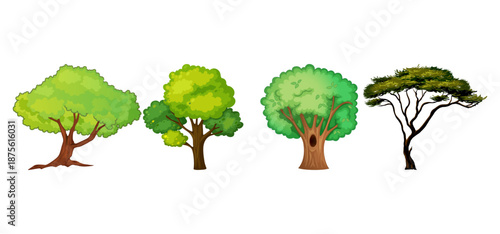Tree Vector Illustration Collection Featuring Tropical and Orchard Trees with Mango, Apple, Banana, Orange, Coconut Palm and More Isolated on White Background