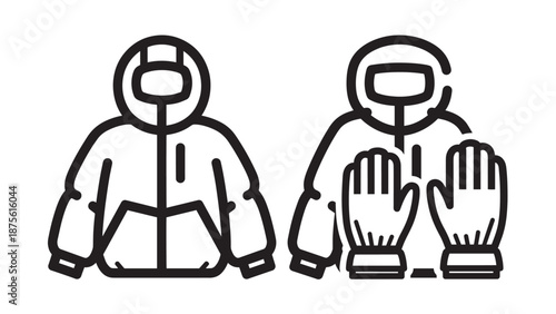 Cold Weather Clothing Icons Set Featuring a Hooded Winter Jacket and Protective Thermal Gloves