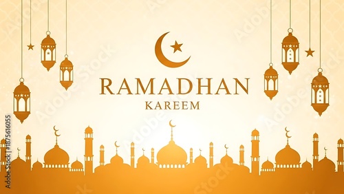 Ramadan kareem greeting card with mosque silhouette and lanterns