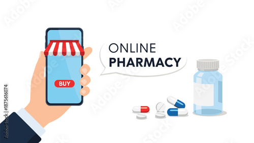 Online pharmacy concept with a hand holding a smartphone displaying an online shop near medicine bottles, capsules, and pills.