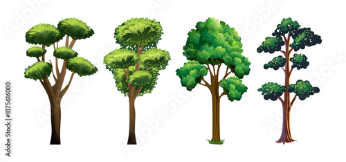 Tree Vector Illustration Collection Featuring Tropical and Orchard Trees with Mango, Apple, Banana, Orange, Coconut Palm and More Isolated on White Background