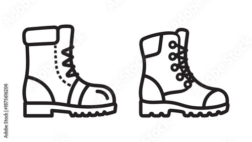 Set of Line Icons Depicting Durable Outdoor Hiking Boots and Protective Work Footwear