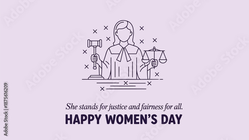 Illustration of a female judge holding scales and gavel symbolizing justice and fairness on women's day