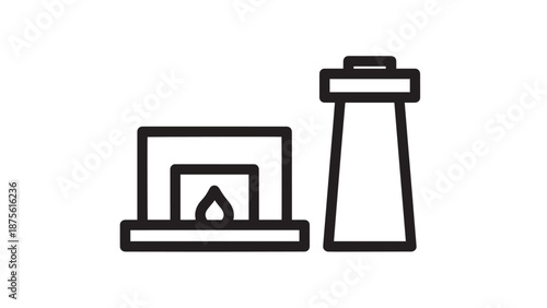 Home Heating System Line Icons Showing Indoor Fireplace and Outdoor Chimney Structure