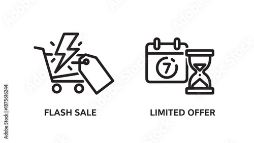 E-commerce Promotion Line Icons Representing Flash Sale and Limited Time Offer Incentives