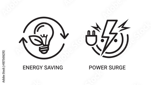 Sustepsnability and Electrical Safety Icons for Green Energy Saving and Power Surge Protection