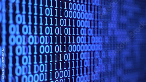 Close-up of binary code on a blue background with a shallow depth of field conveying a technological and futuristic mood.