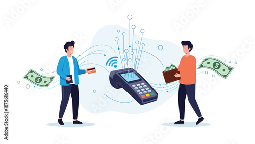 Customers using modern contactless technology to make payments with credit cards and mobile devices at a digital terminal.