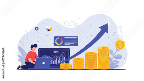 Young man using a laptop to analyze financial growth represented by a large rising arrow and stacks of gold coins.