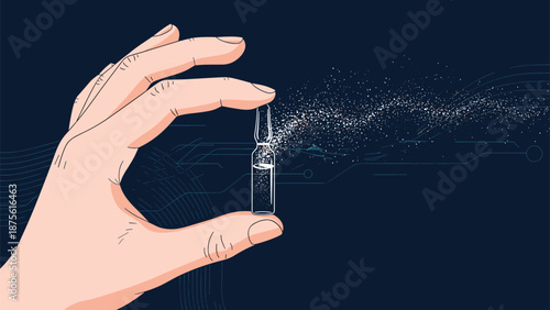 Close up of a human hand holding a medical glass ampoule with digital light effects against a dark blue background.