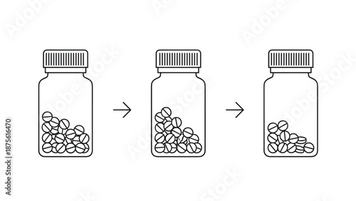 Illustration showing a progression of three pill bottles being emptied over time to represent a medical treatment cycle.