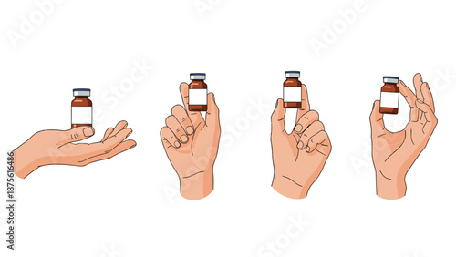 Collection of different hands holding medicine vials with white labels to represent pharmaceutical products and vaccination.