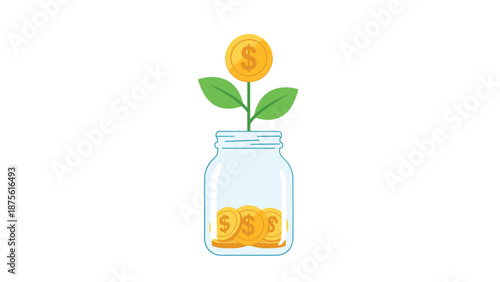 Concept of financial growth shown as a small green plant with a gold coin flower growing from a glass jar of savings.
