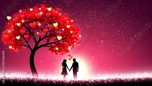 A romantic silhouette of a couple under a glowing heart tree against a starry pink sky