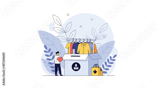 Charitable man donating a box of clean clothes and heart symbol to represent community support and social welfare.