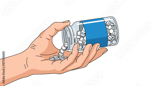 Close up of a person hand pouring several white round pills out of a blue labeled glass bottle into their palm.