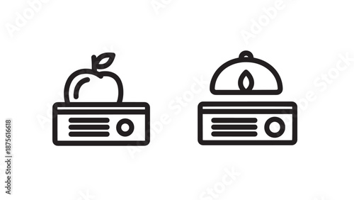 Health and nutrition kitchen scale icons weighing an apple and a meal serving for calorie counting and portion control.