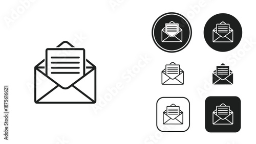 Set of email and message icons showing an open envelope with a letter inside in different styles and shapes.