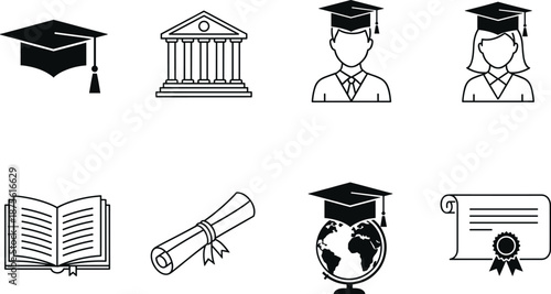 Education and graduation outline icons vector set with students university diploma books certificate and academic symbols