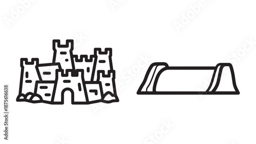 Beach activity and coastal defense icons featuring a detepsled sandcastle and a protective sand barrier or bunker.